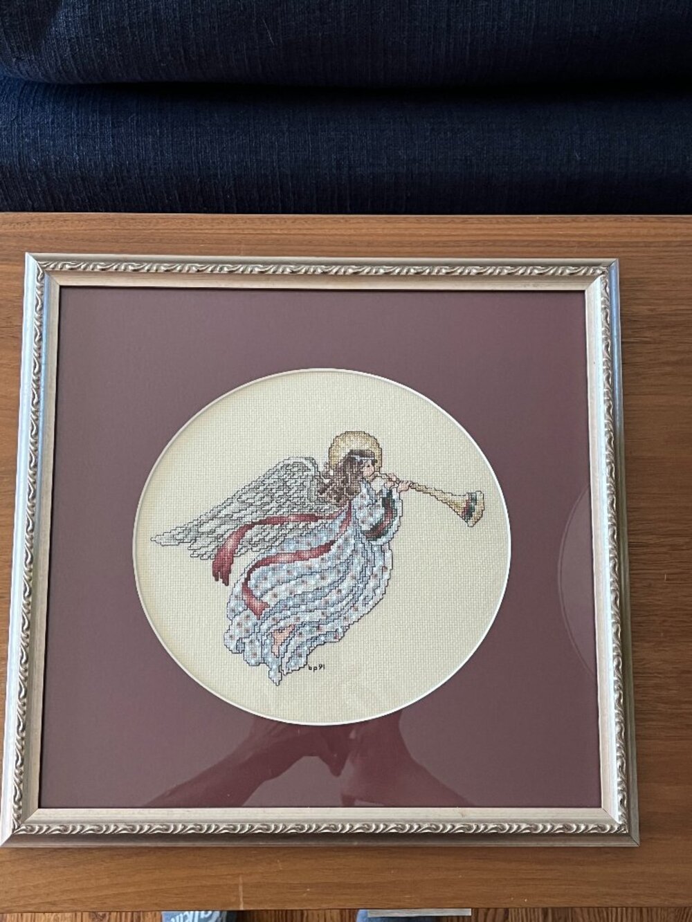 Vintage Handmade Cross Stitch Herald Angel Gold Framed Wall Art Dark Mauve 13"